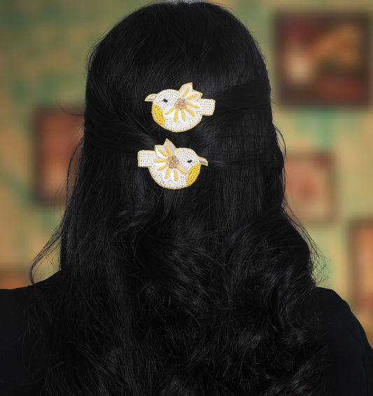 Chidiya Rani Embroidered Clips Set- Yellow - Twisty Locks - Kids and Women Hair Accessories, Fashion Clothing and Jewellery India