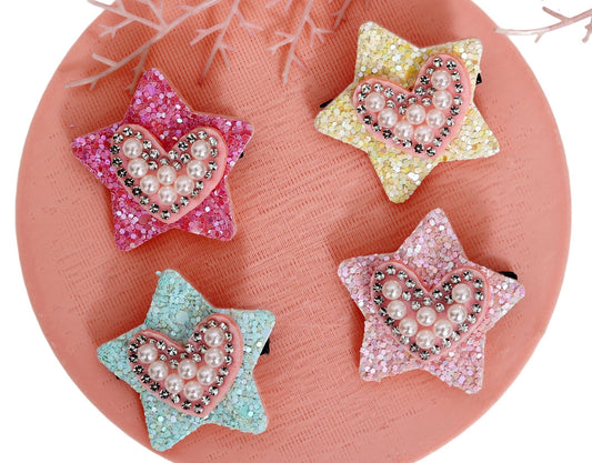 Glitter Heart & Star Clips - Set of 4 - Twisty Locks - Kids and Women Hair Accessories, Fashion Clothing and Jewellery India