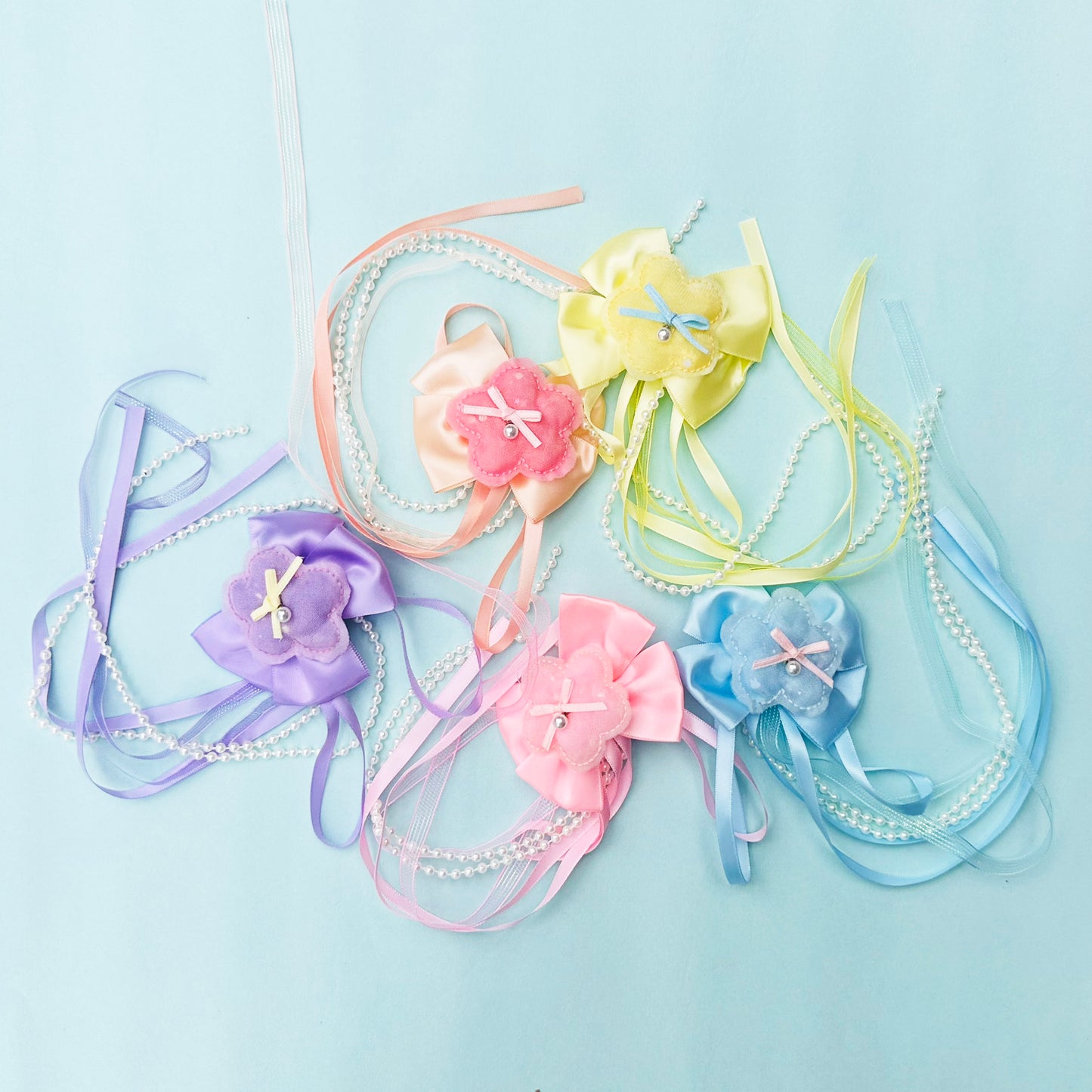 Peach Ribbon & Pearl Tail Flower Bows - Set of 2 - Twisty Locks - Kids and Women Hair Accessories, Fashion Clothing and Jewellery India