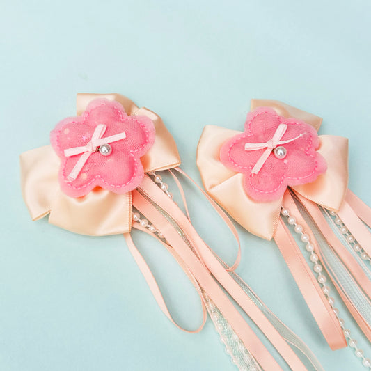 Peach Ribbon & Pearl Tail Flower Bows - Set of 2 - Twisty Locks - Kids and Women Hair Accessories, Fashion Clothing and Jewellery India