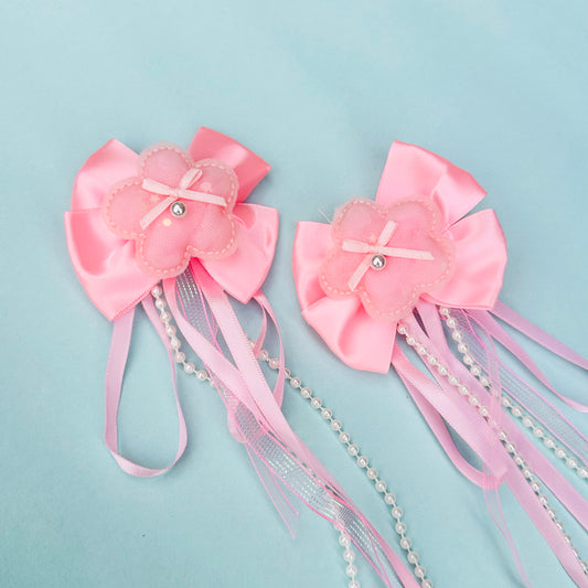 Pink Ribbon & Pearl Tail Flower Bows - Set of 2 - Twisty Locks - Kids and Women Hair Accessories, Fashion Clothing and Jewellery India