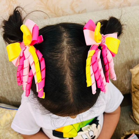 Ribbons Bow Hair Clips - Yellow & Pink - Set of 2 - Twisty Locks - Kids and Women Hair Accessories, Fashion Clothing and Jewellery India