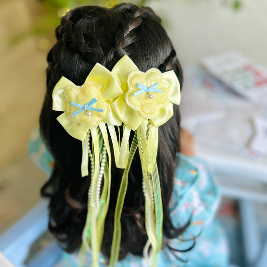 Yellow Ribbon & Pearl Tail Flower Bows - Set of 2 - Twisty Locks - Kids and Women Hair Accessories, Fashion Clothing and Jewellery India