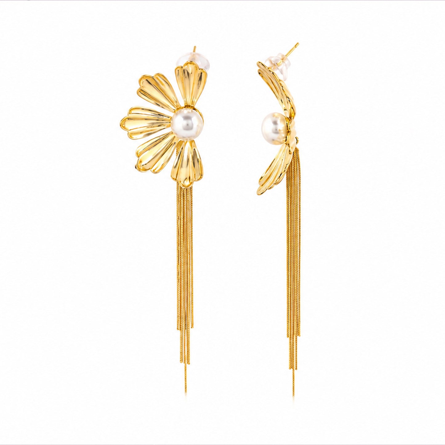 Flower Pearl Chain Tassel 18K Gold-Plated Earrings