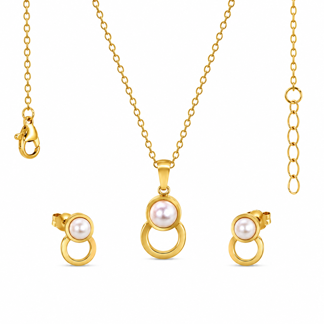 Pearl & Circle Drop 18K Gold-Plated Jewellery Set (3 Pcs)