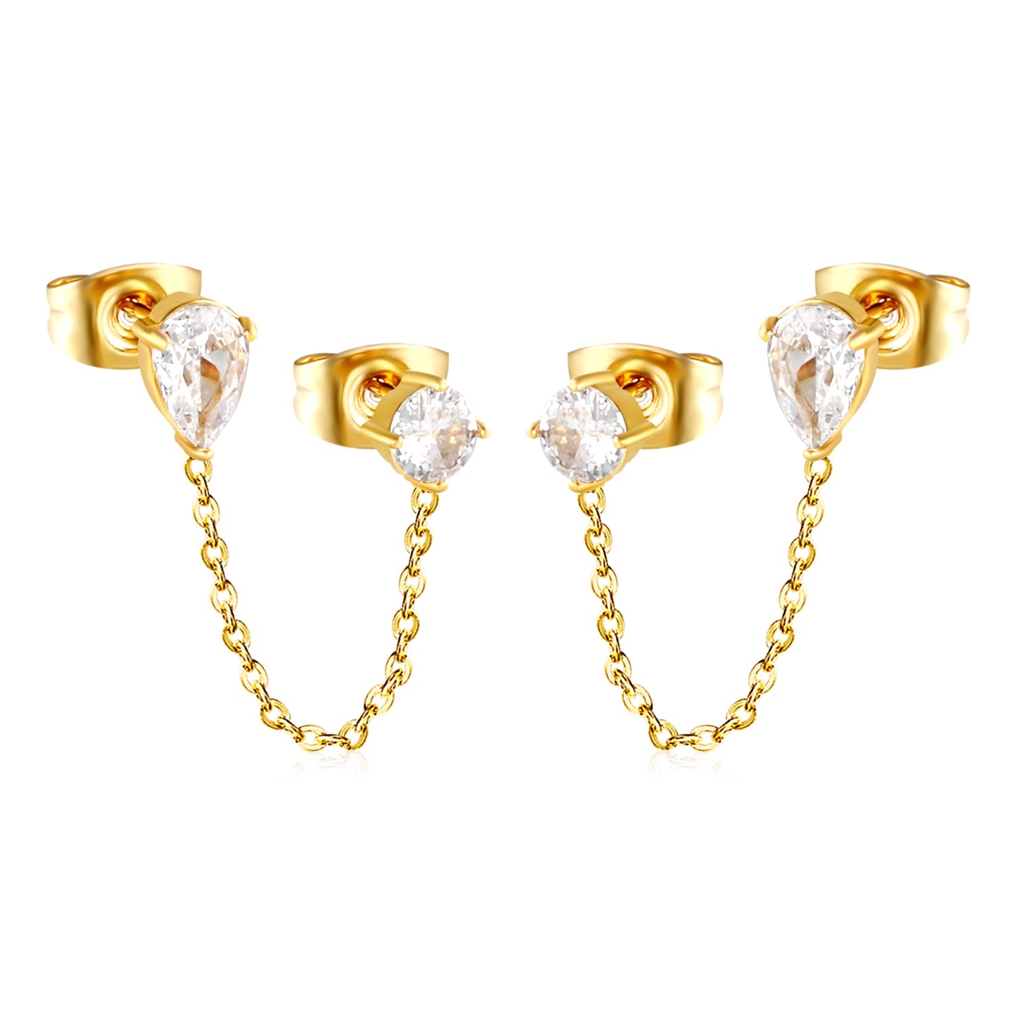 Double CZ Chain-Link Stud 18K Gold-Plated Earrings