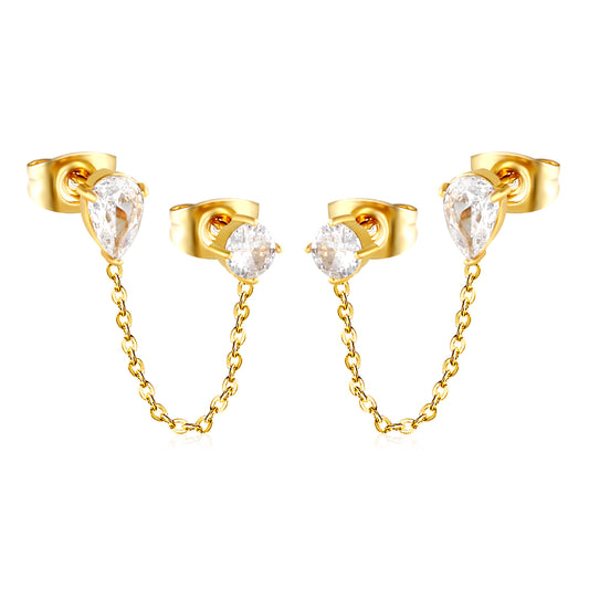Double CZ Chain-Link Stud 18K Gold-Plated Earrings
