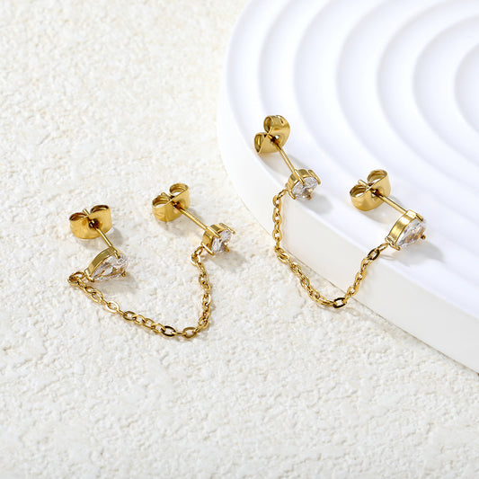 Double CZ Chain-Link Stud 18K Gold-Plated Earrings