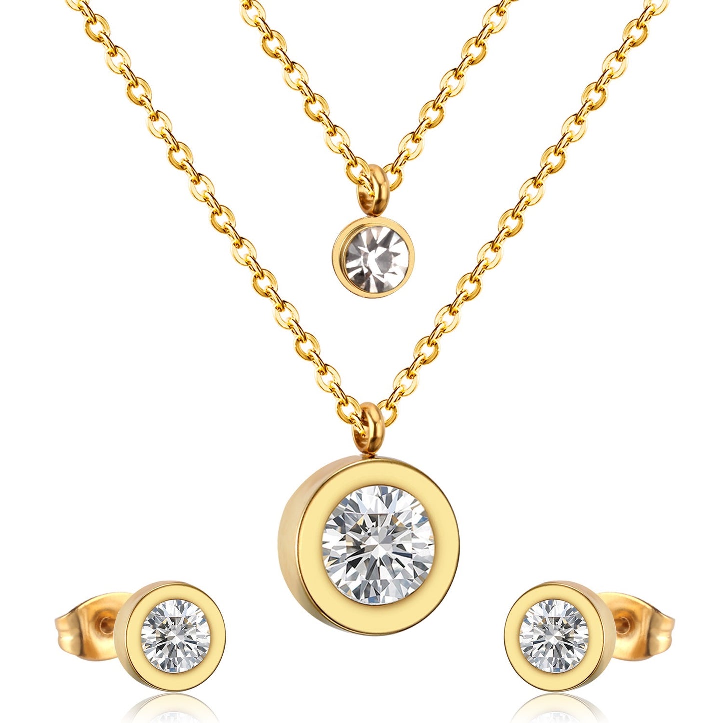 Double Layer Bezel CZ 18K Gold-Plated Jewellery Set (3 Pcs)