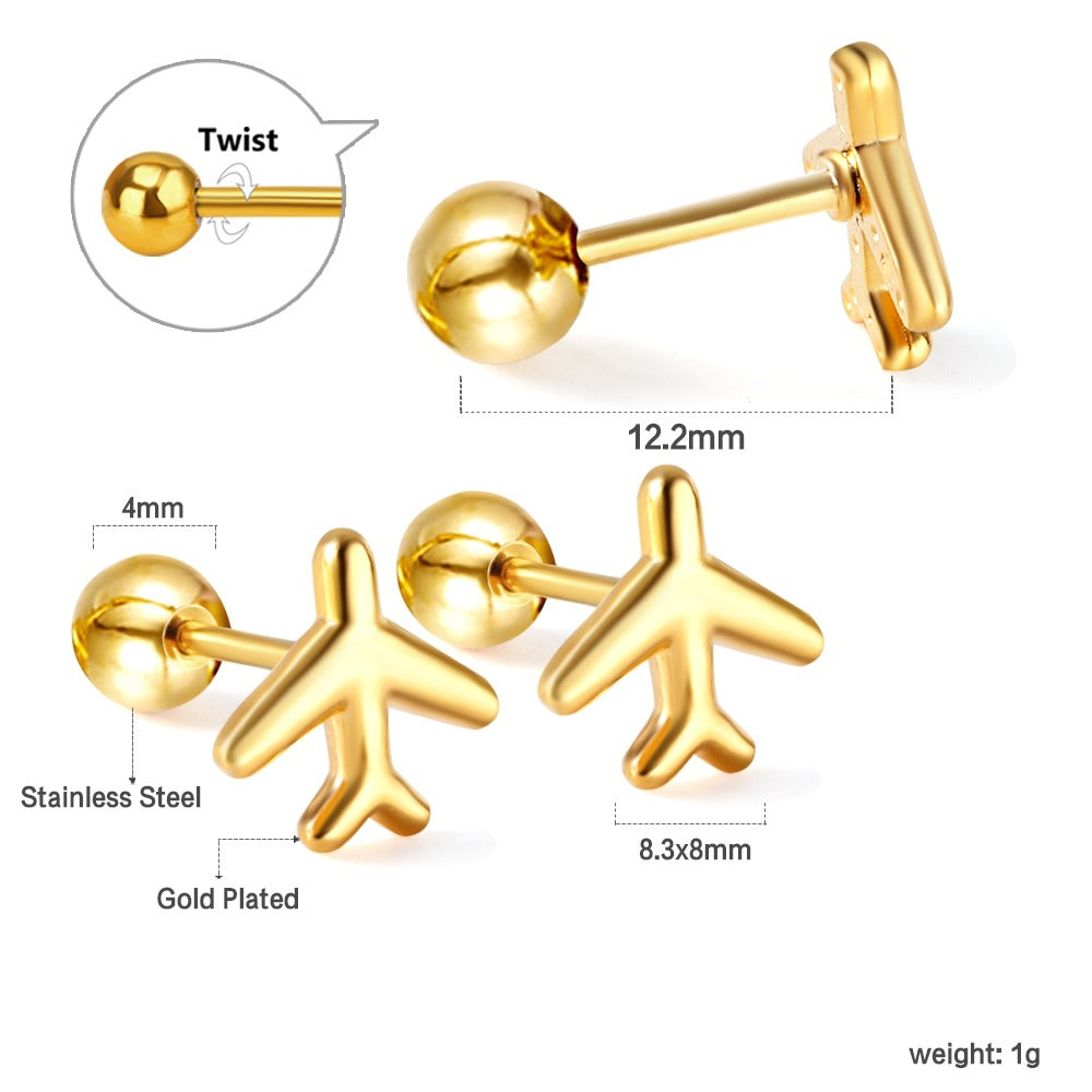 Cute Airplane 18K Gold Plated Children's Earrings - Twisty Locks  - Kids and Women Hair Accessories, Fashion Clothing and Jewellery India