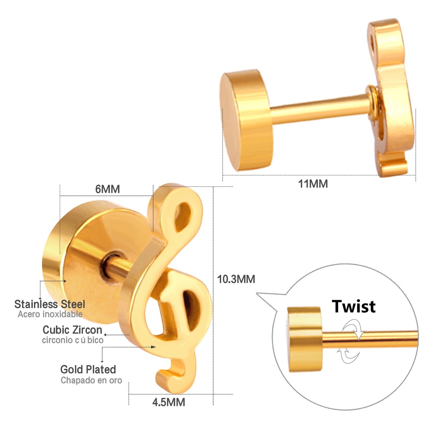 Cute Music Note 18K Gold Plated Children's Earrings - Twisty Locks  - Kids and Women Hair Accessories, Fashion Clothing and Jewellery India
