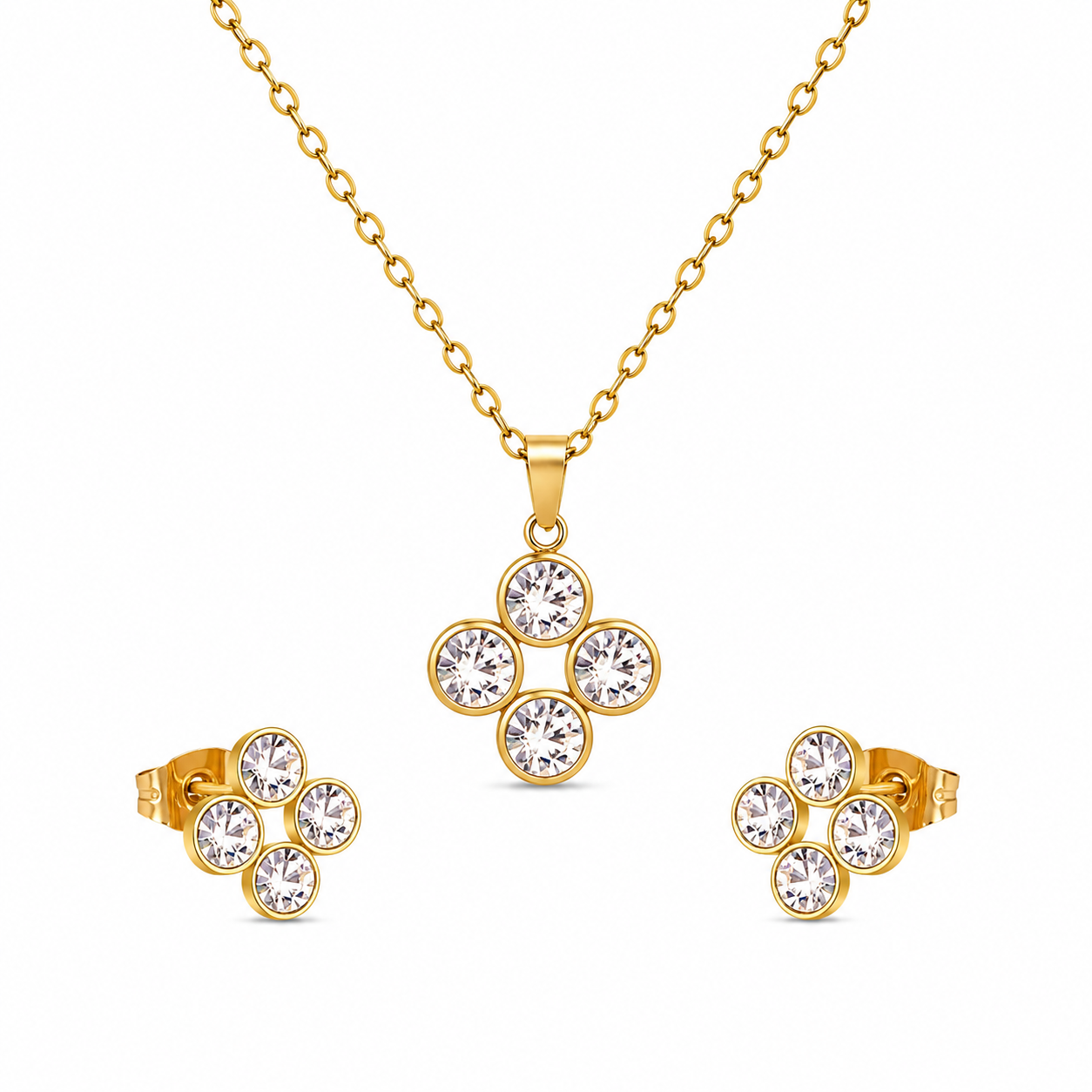Four-Leaf CZ Cluster 18K Gold-Plated Jewellery Set (3 Pcs)
