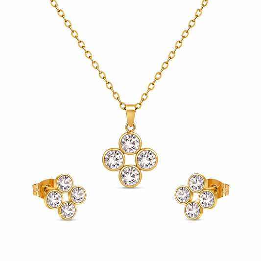 Four-Leaf CZ Cluster 18K Gold-Plated Jewellery Set (3 Pcs)