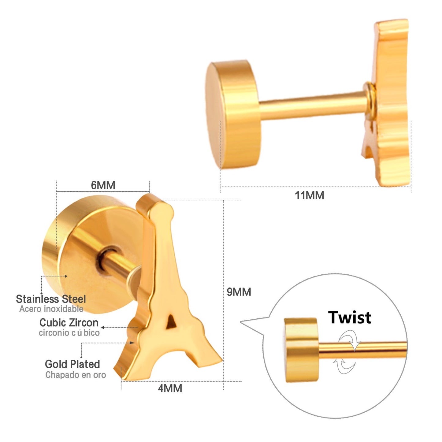 Eiffel Tower 18K Gold Plated Children's Earrings - Twisty Locks  - Kids and Women Hair Accessories, Fashion Clothing and Jewellery India