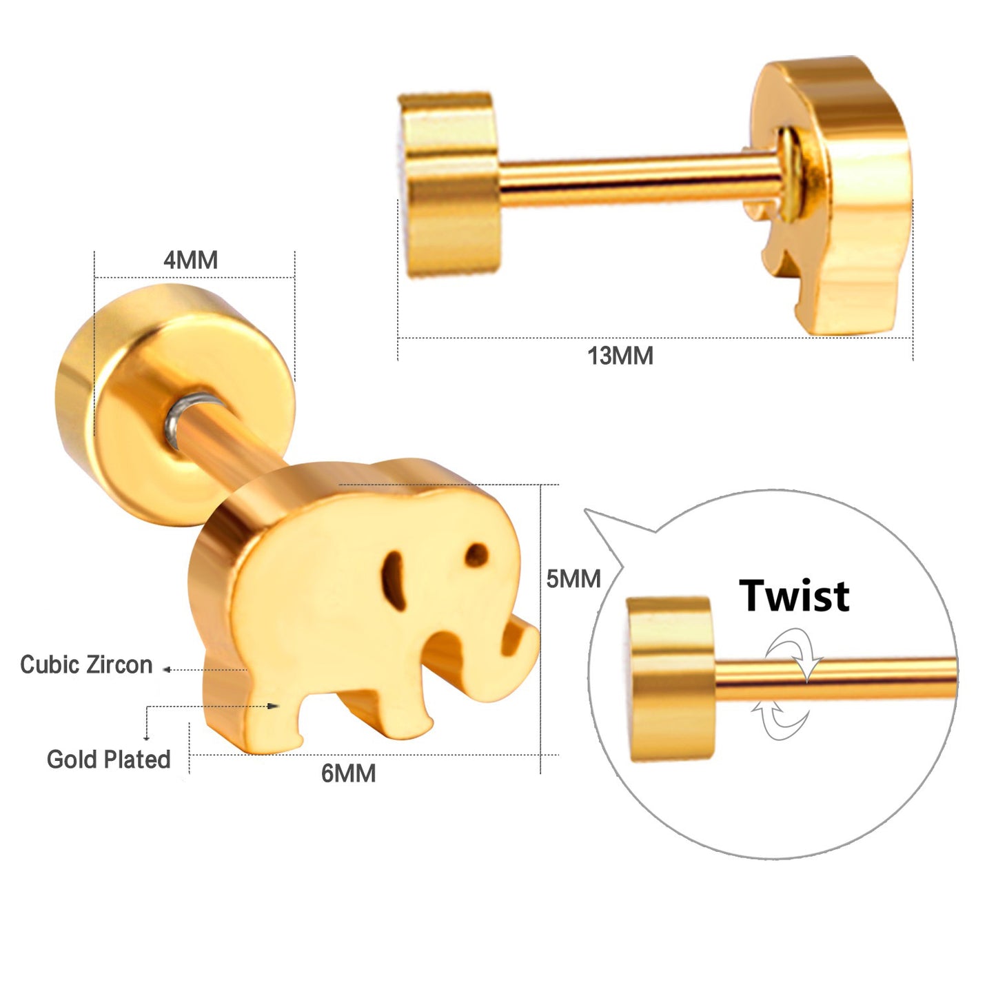 Gold Elephant 18K Gold Plated Children's Earrings - Twisty Locks  - Kids and Women Hair Accessories, Fashion Clothing and Jewellery India