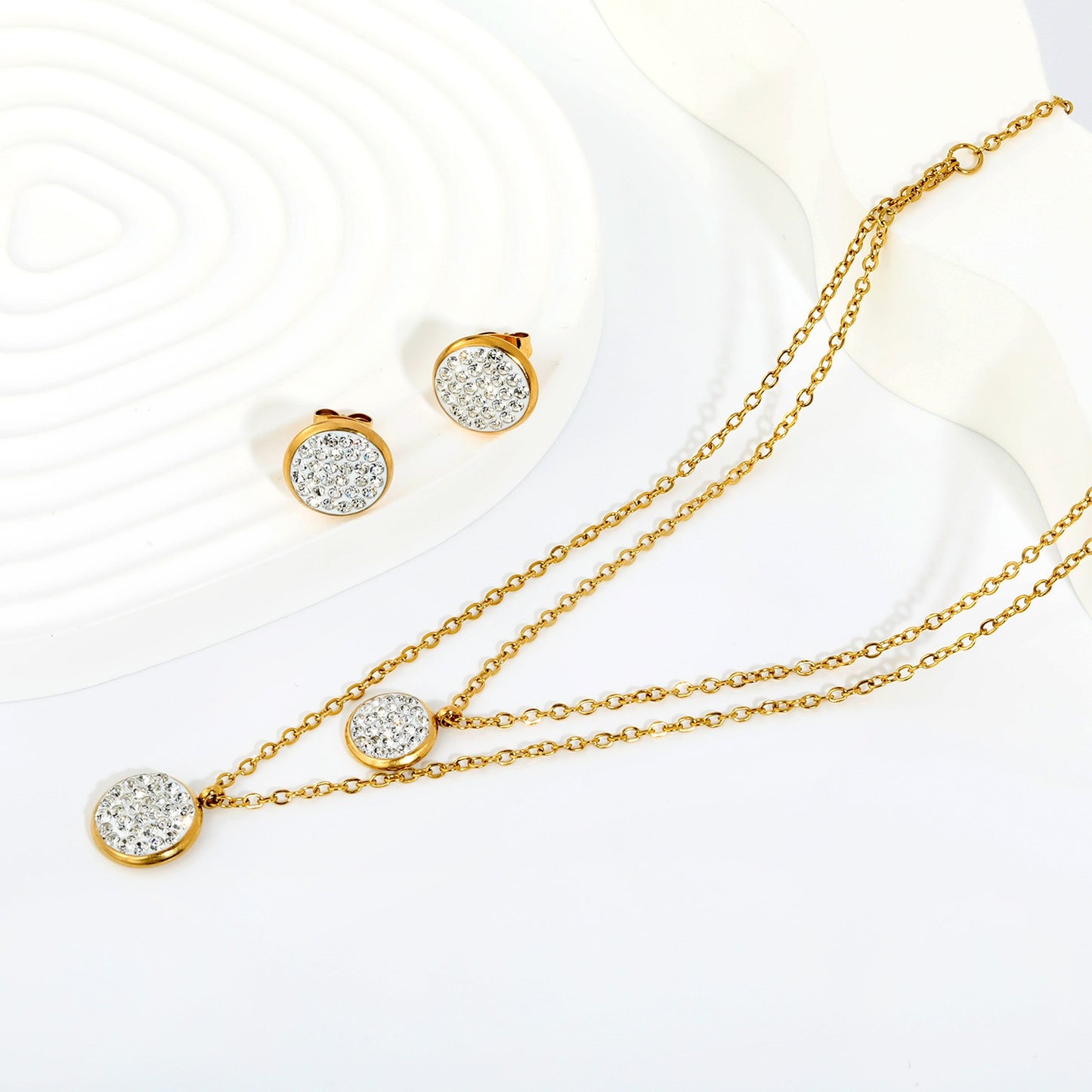 Double Disc Pave 18K Gold-Plated Jewellery Set (3 Pcs)