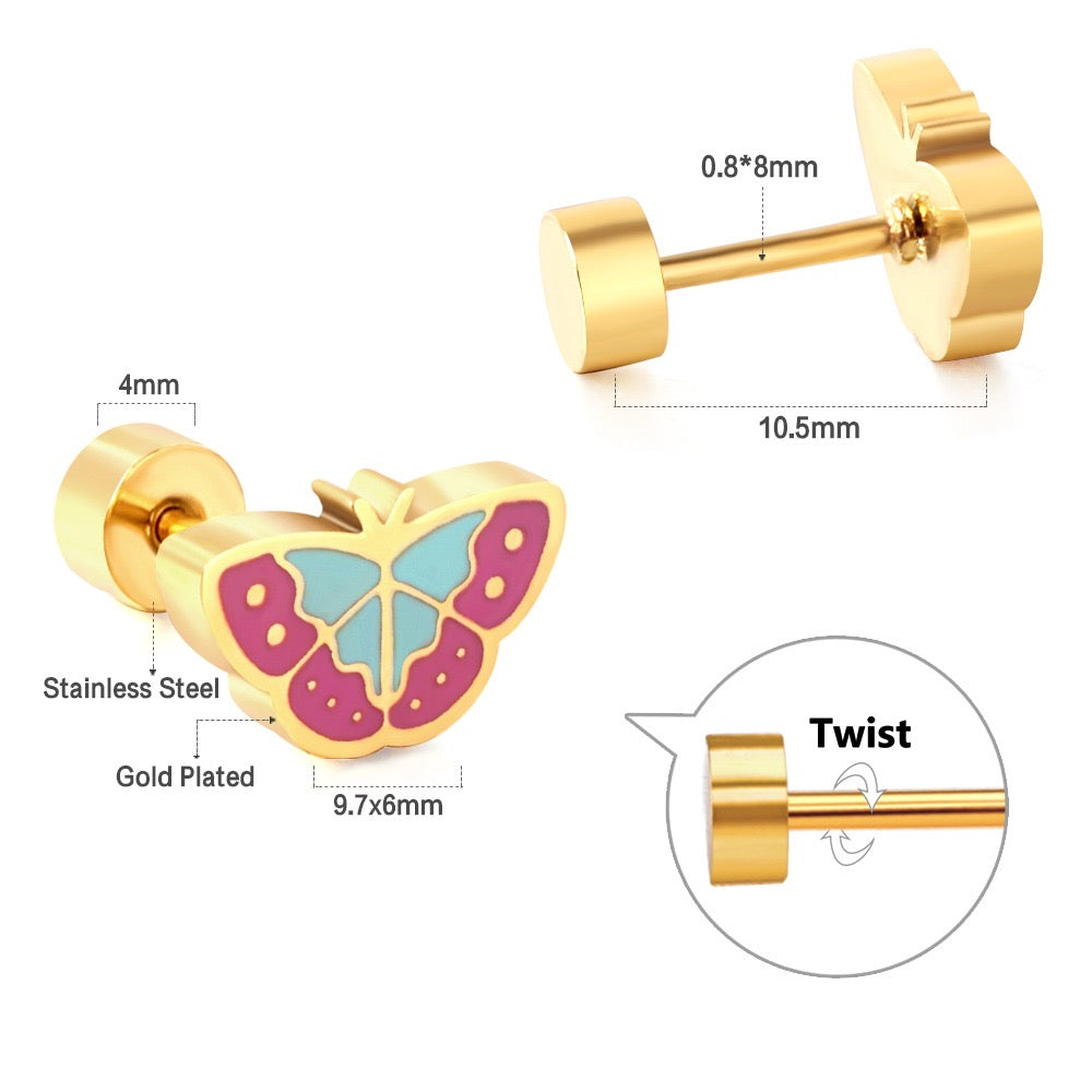 Pink Butterfly 18K Gold Plated Children's Earrings - Twisty Locks  - Kids and Women Hair Accessories, Fashion Clothing and Jewellery India