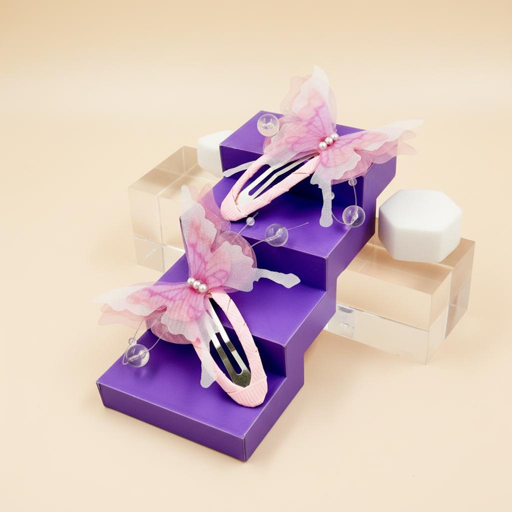 Pink Organza Butterfly Tic Tac Clips - Twisty Locks  - Kids and Women Hair Accessories, Fashion Clothing and Jewellery India