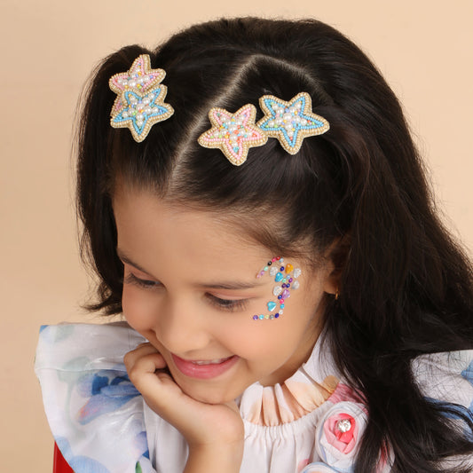 Pink Stars Embroidered Hair Clips Set - Twisty Locks  - Kids and Women Hair Accessories, Fashion Clothing and Jewellery India