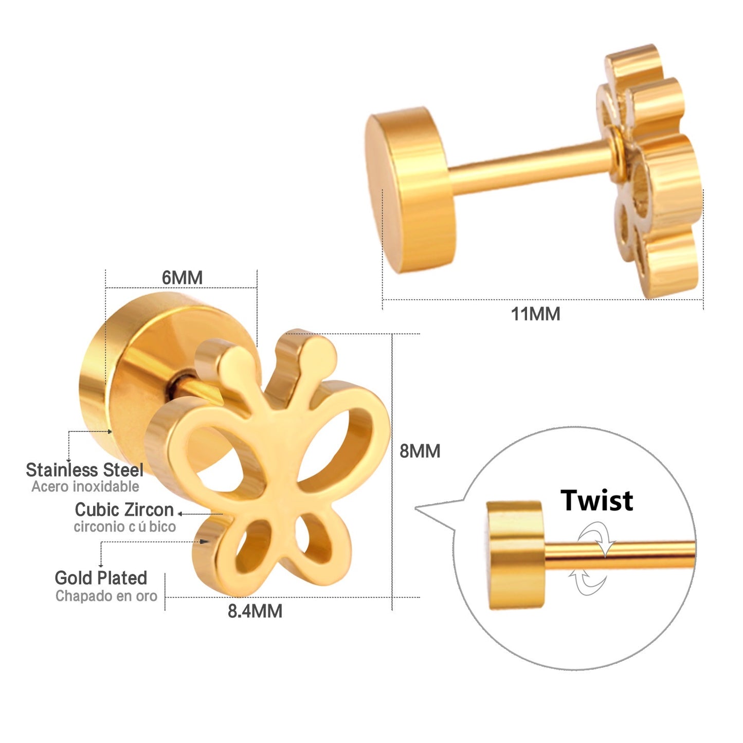 Sweet Butterfly 18K Gold Plated Children's Earrings - Twisty Locks  - Kids and Women Hair Accessories, Fashion Clothing and Jewellery India