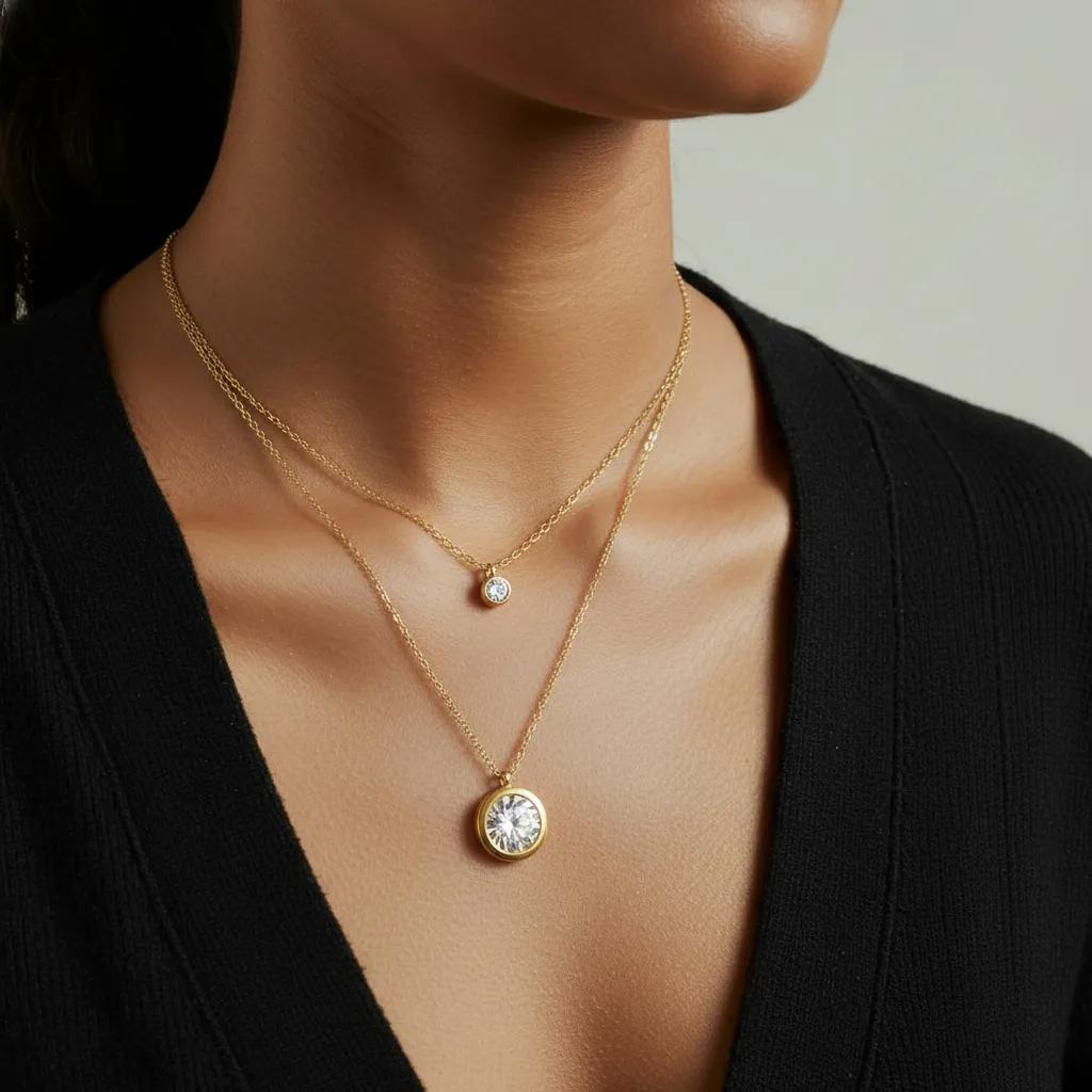 Double Layer Bezel CZ 18K Gold-Plated Jewellery Set (3 Pcs)